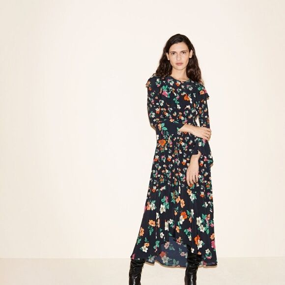 Maje Maxi Black Dress Floral Ruffle Long Sleeve Size S - Picture 4 of 11